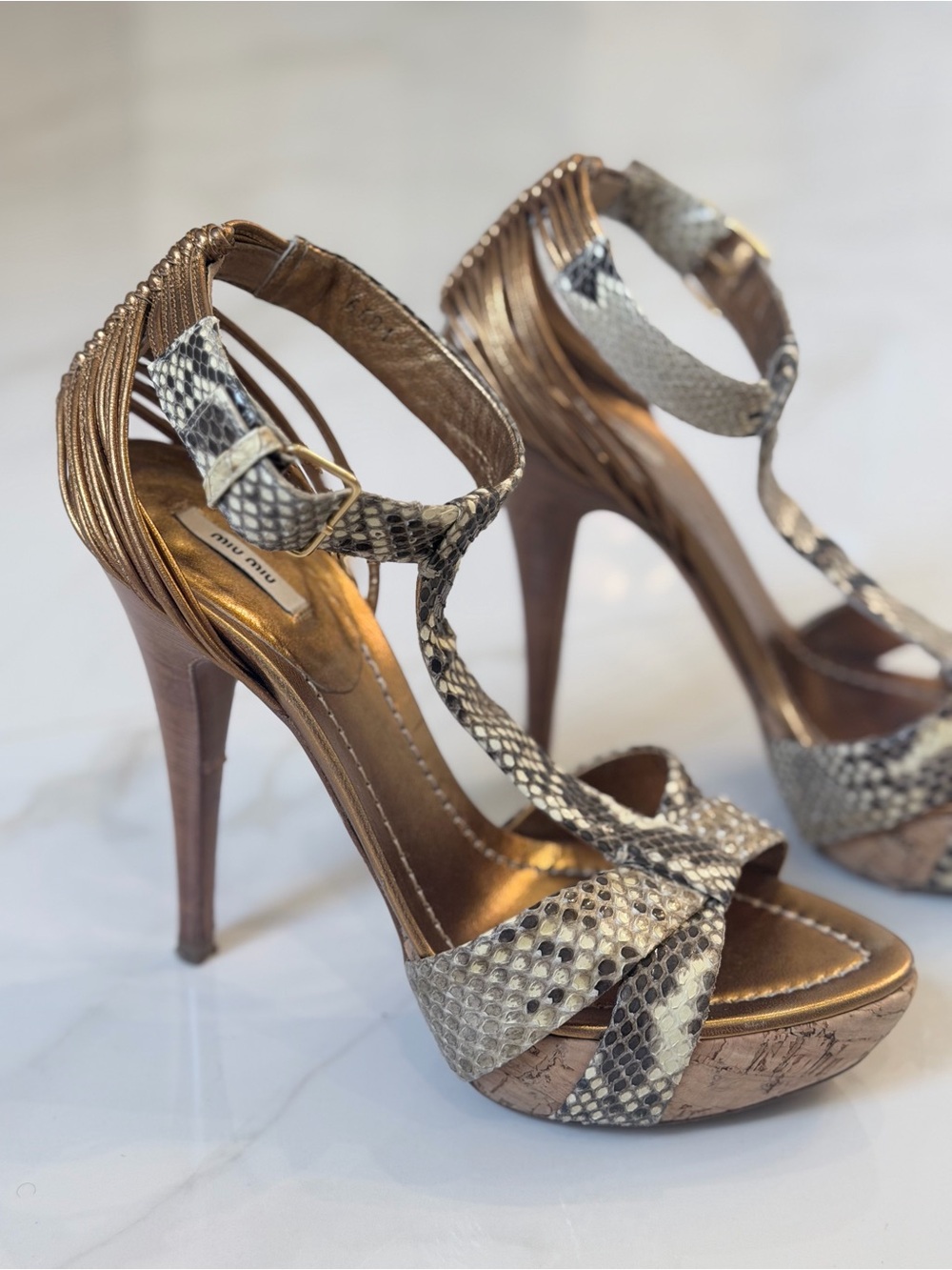 Miu Miu Bronze and Snake-Print Stiletto Sandals, size 36 1/2
